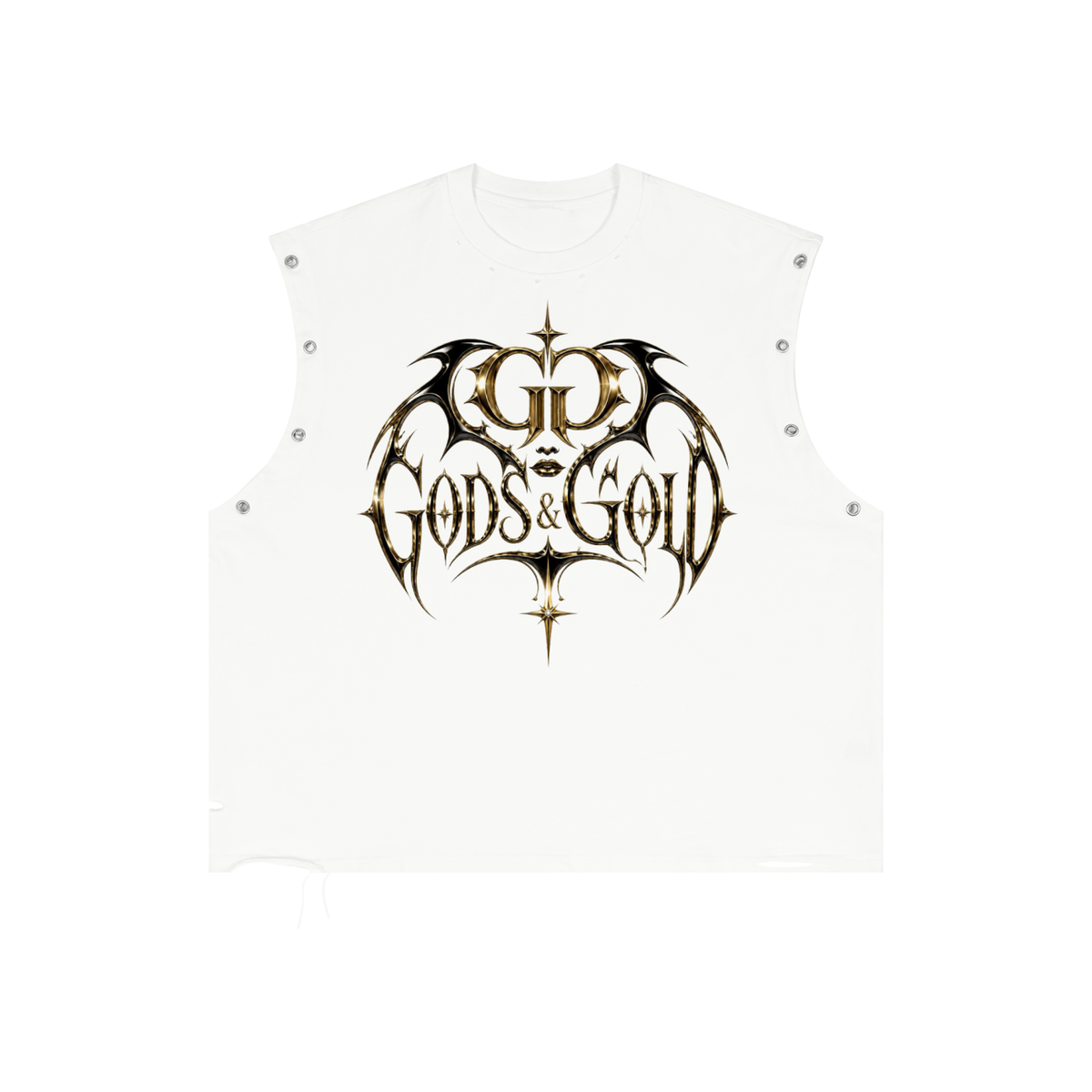 godsandgold,darkstreetwear,gothicstreetwear,chromegraphic,metallicemblem,grommettank,luxurywear,darkaesthetic,boxyfit,streetstyle,luxuryapparel,undergroundfashion,unisextop