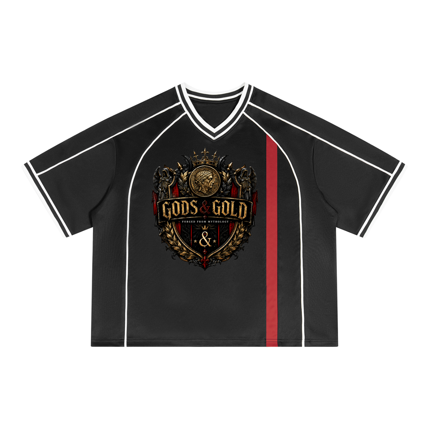 GODS,GOLD,PANTHEON,FC,JERSEY,UNISEX,MEN,WOMEN,SOCCER,FOOTBALL,VNECK,STREETWEAR,URBAN,HIP,HOP,HEAVYWEIGHT,BLOCK,CLACK,CORE,DAR,DARK,GRAPHIC,SHIRT,BOXY,ATHLETIC,MYTHOLOGY,AESTHETIC,FASHION