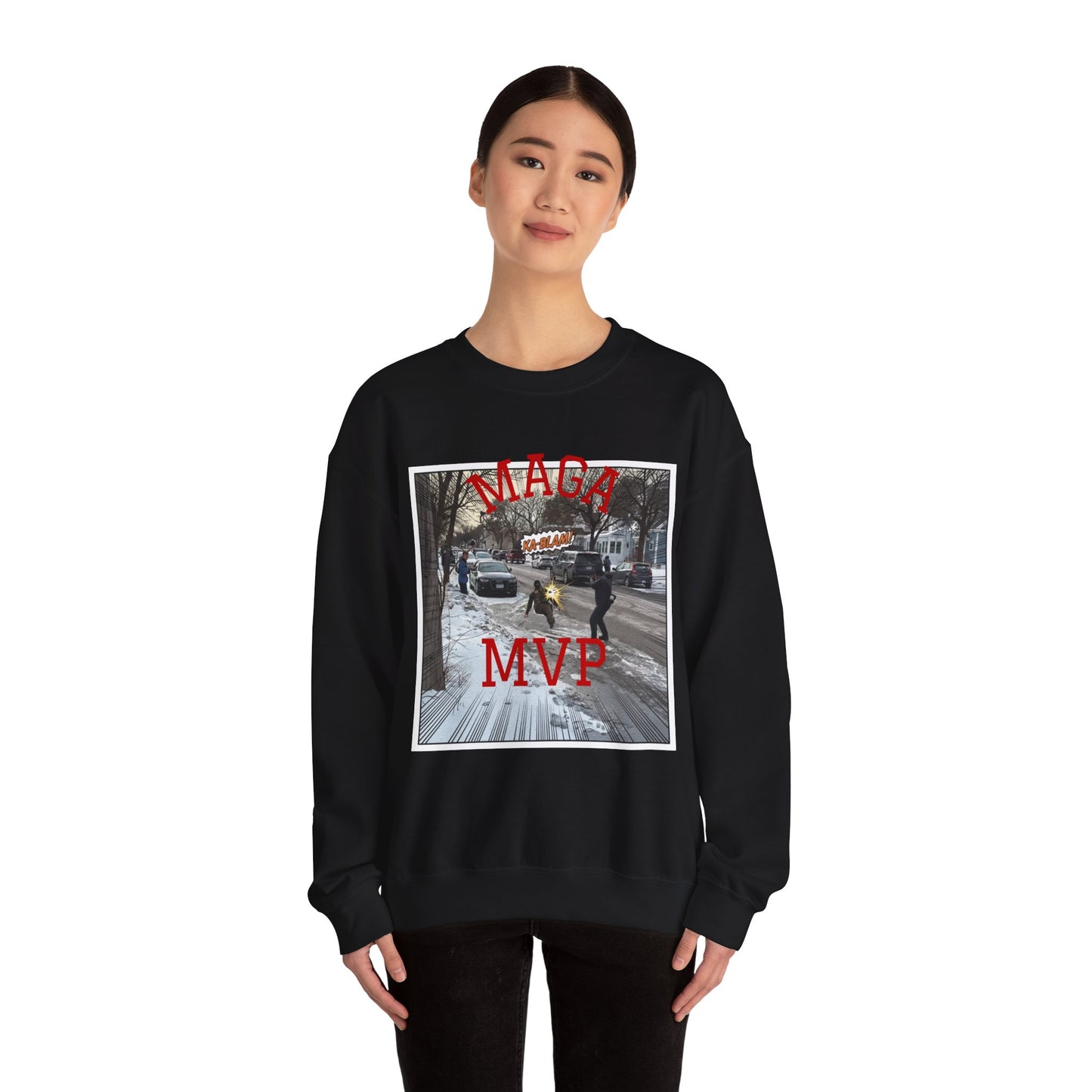 Crewneck Sweatshirt — "MAGA MVP" Graphic Winter Street Scene